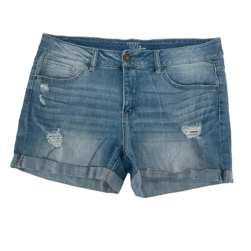 Time And Tru Mid Rise Cuffed Hem Distressed Jean Shorts Size 16 Women’s